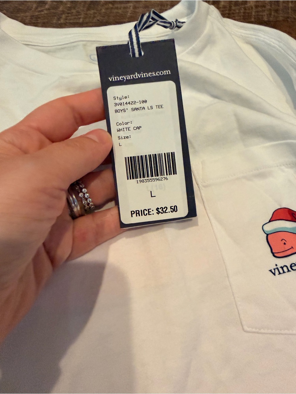 NWT Vineyard Vines Boys Santa Whale Long Sleeve Pocket Tee White Size Large - Picture 4 of 6